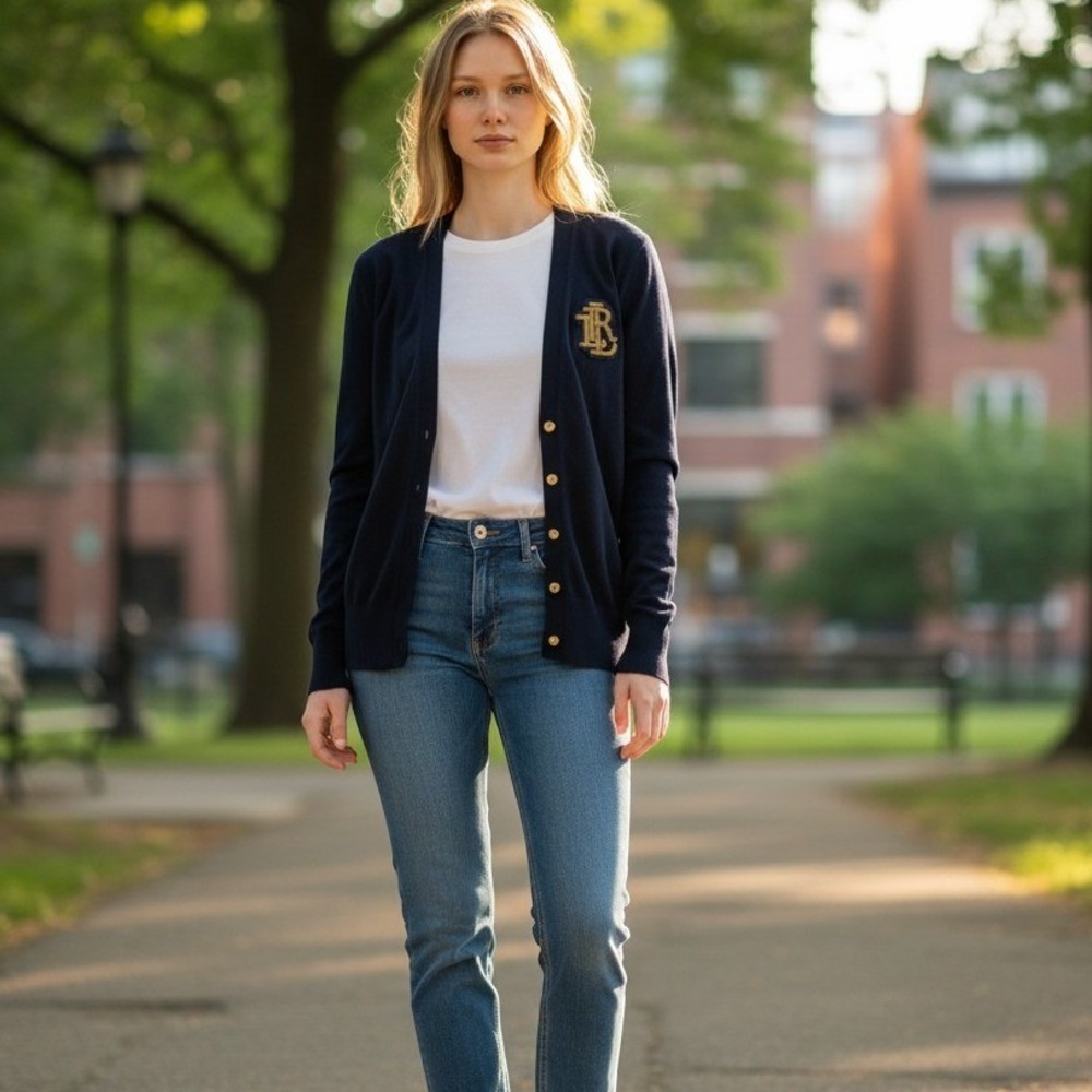 Lauren Ralph Lauren Cardigan Women XS Navy Blue Gold Crest Button Patch Preppy
